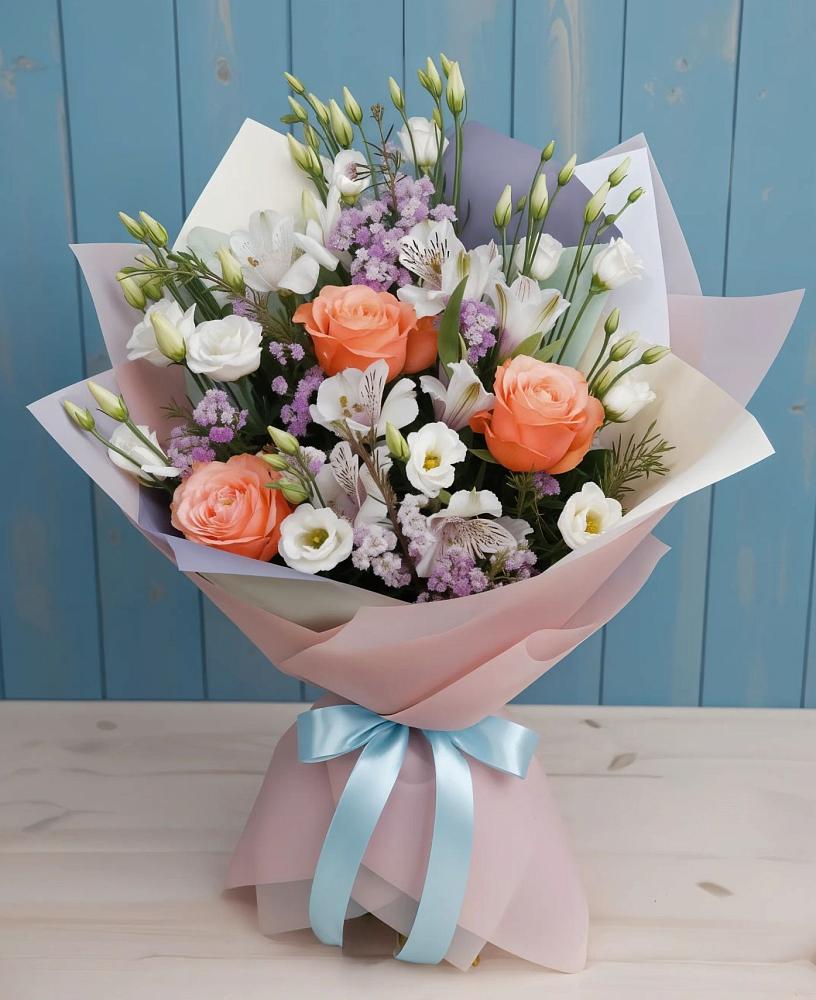 Букет цветов из: Лизиантусы, Розы, Альстромерии и Гипсофила в Гайдуке